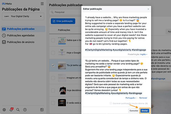 Captura de écran do Business Manager do Facebook para mostrar como editar uma publicação feita originalmente em vários idiomas