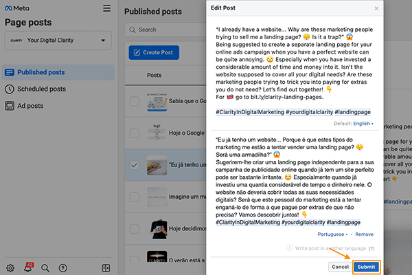 Printscreen of Facebook's Business Manager to show how to edit a post done originally in multiple languages