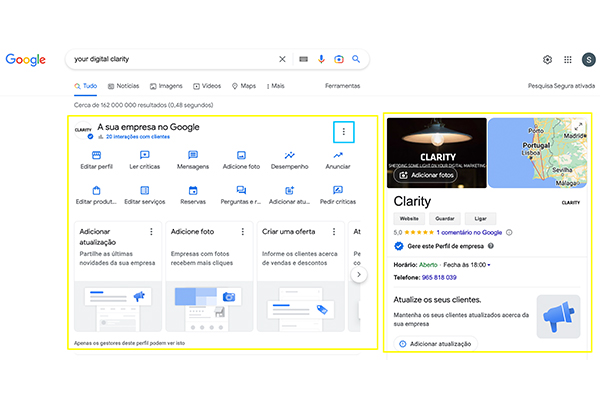 Printscreen da pesquisa Google com o perfil de empresa no Google da Clarity aberto para mostrar os diferentes campos editáveis