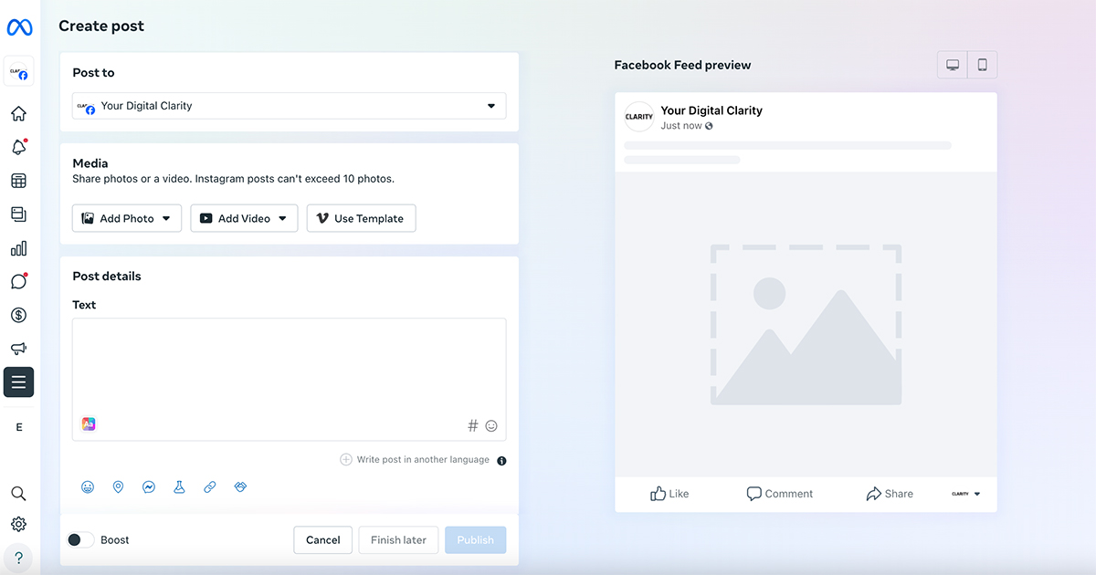 Printscreen of Clarity's Meta Business Suite to show how to post in multiple languages