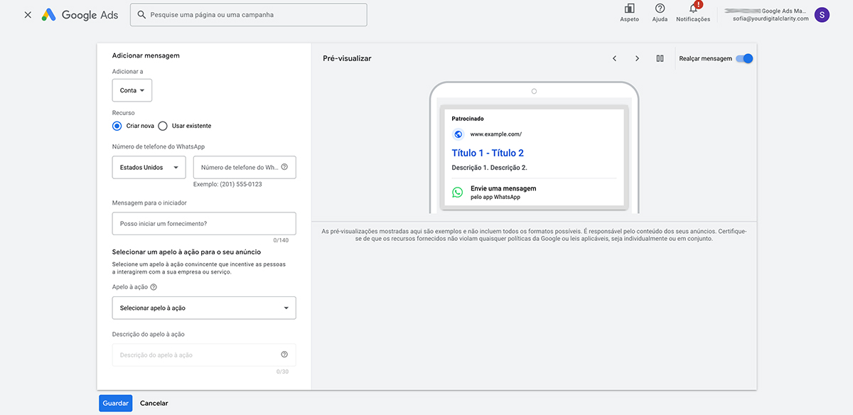 Captura de ecrã de uma conta do Google Ads que mostra o primeiro passo no processo de adicionar o WhatsApp aos Google Ads