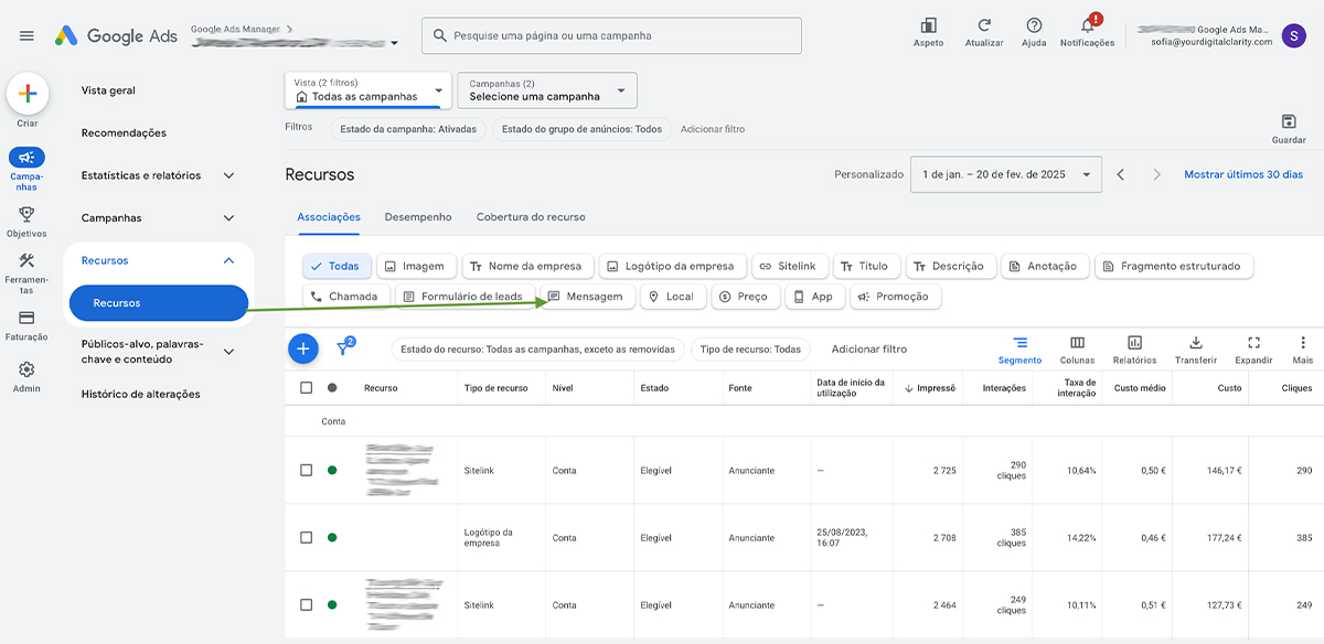 Captura de ecrã de uma conta do Google Ads que mostra o segundo passo no processo de adicionar o WhatsApp aos Google Ads