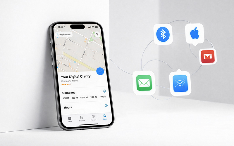iPhone com a ficha de empresa da Clarity no Apple Maps aberta no encran