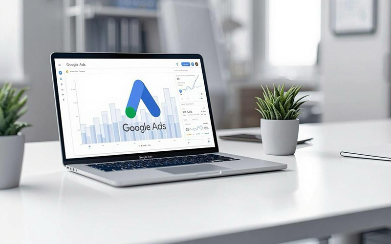 Um computador portátil em cima de uma secretária com o orçamento de Google Ads no écran