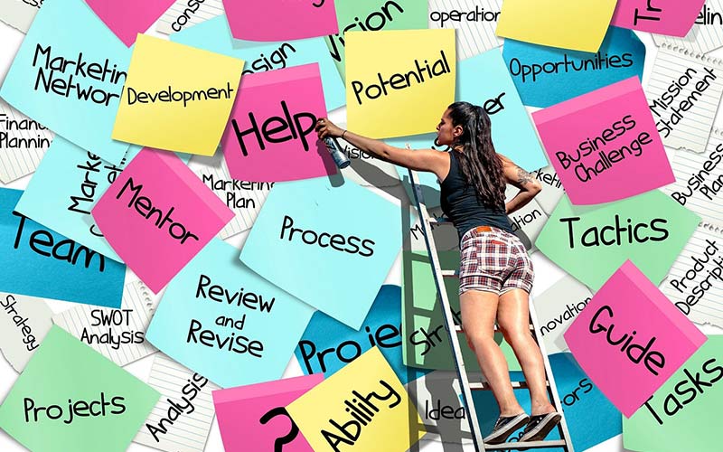 Mulher em cima de uma escada a escrever várias palavras em post-its relativas à otimização de Google Ads